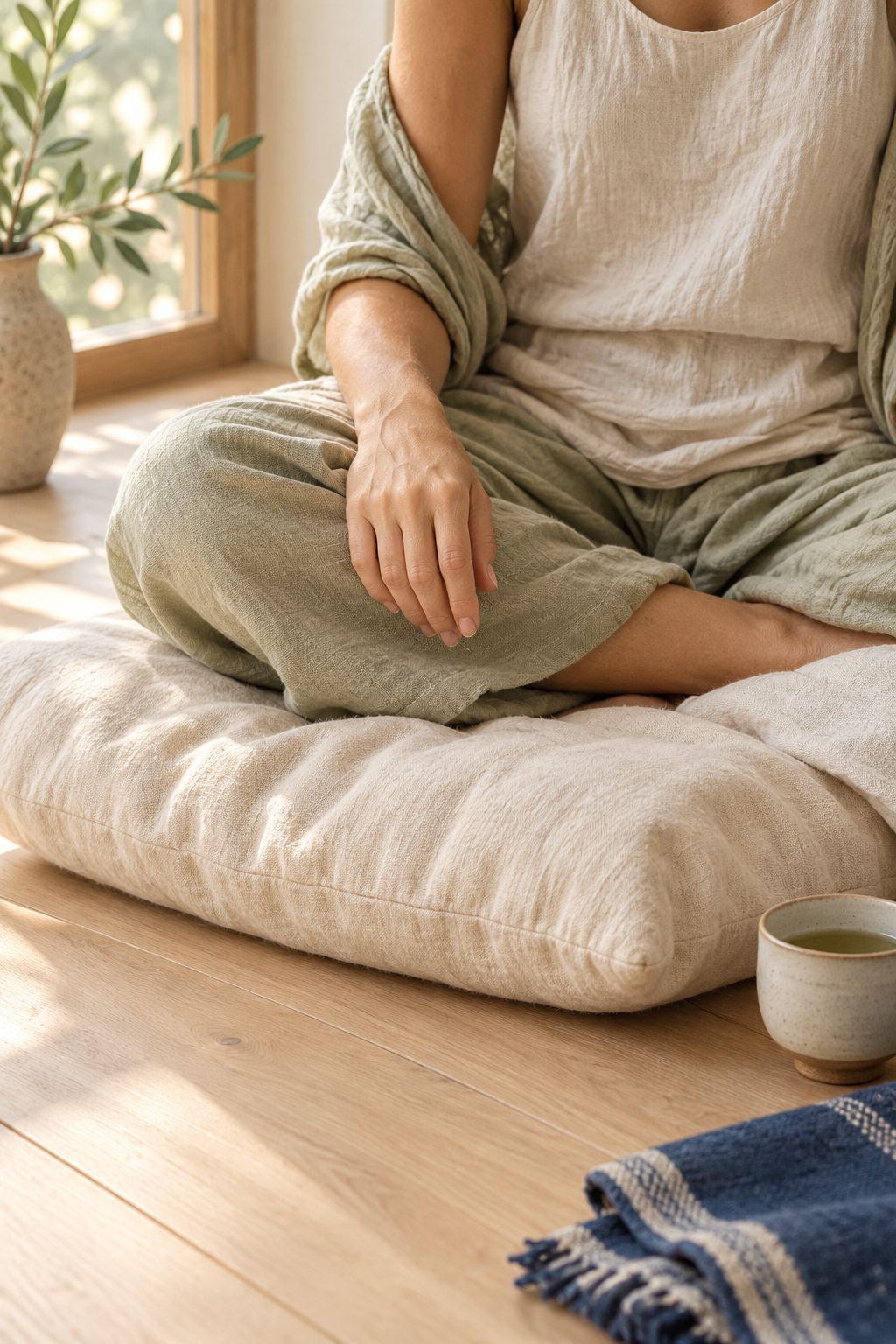 Escena ilustrativa de una práctica de meditación, con ropa cómoda y luz natural